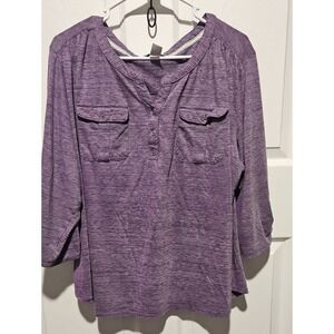 CJ Banks Heathered Purple Henley with Chest Pockets